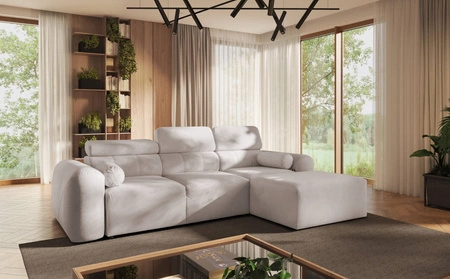 Narożnik z funkcją spania Cantare kość słoniowa prawostronny funkcjonalny i komfortowy narożnik nowoczesny design pluszowa tkanina