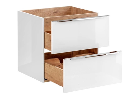 Szafka pod umywalkę Capri 60 cm biały połysk nowoczesny design szafki do łazienki z szufladami metalowy uchwyt krawędziowy