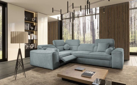Narożnik z funkcją spania Viano II Lux szary błękit lewostronny designerski narożnik do salonu z komfortowym wysuwanym podnóżkiem