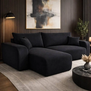 Narożnik z funkcją spania Fiesta czarny uniwersalny w ustawieniu narożnik do salonu wytrzymała pluszowa tkanina pojemnik na pościel