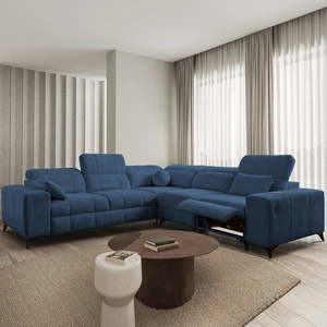 Narożnik z funkcją spania Penejos III Lux niebieski prawostronny wygodny narożnik do salonu z wysuwanym podnóżkiem pojemnik na pościel