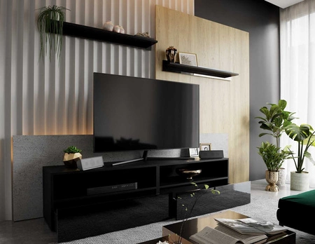 Szafka RTV Plisii 172 cm czarna / czarny połysk z możliwością powieszenia i półkami stylowy design wpisujący się w każde wnętrze