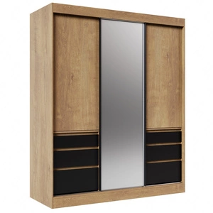 Szafa przesuwna z lustrem Haidar 180 cm dąb lefkas / czarny funkcjonalna szafa z szufladami doskonała do mniejszych pomieszczeń