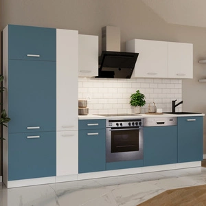 Zestaw mebli kuchennych z blatem Toni 300 cm biały / morski komplet kuchenny doskonale prezentuje się w nowoczesnych wnętrzach