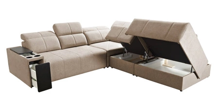 Narożnik z funkcją spania Tesalia IX niebieski prawostronny nowoczesny design komfortowe przesuwane oparcie szuflada w boczku mebla