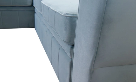 Narożnik z funkcją spania Rava II żółty lewostronny velvet komfortowy narożnik z pojemnikiem na pościel wielofunkcyjna lampka