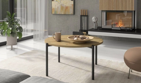 Stolik kawowy okrągły 84 cm Sampi dąb artisan ponadczasowy i lekki design solidna metalowa podstawa idealny stolik do każdej aranżacji