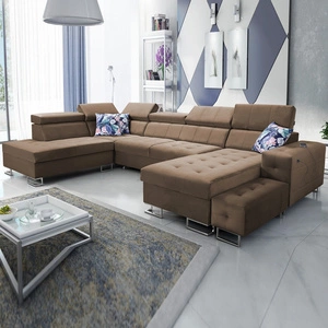 Narożnik z funkcją spania Hampton VI jasny brąz prawostronny funkcjonalny narożnik do salonu z ruchomą dostawką oraz półką