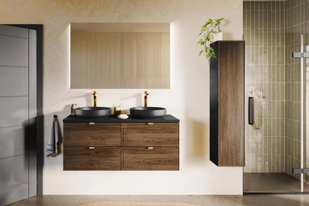 Zestaw mebli łazienkowych Talia czarny / dąb casella eleganckie szafki w stylu klasycznym subtelne frezowane ramki na frontach