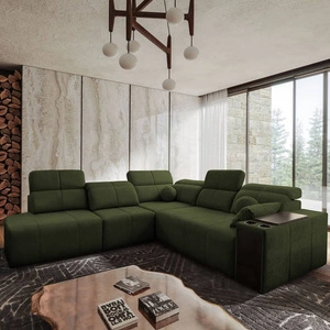 Narożnik z funkcją spania Tesalia IX zielony lewostronny nowoczesny design komfortowe przesuwane oparcie szuflada w boczku mebla