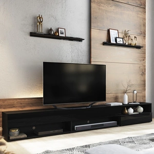 Szafka RTV Lawrio 266 cm czarna / czarny połysk z możliwością powieszenia i półkami stylowy design wpisujący się w każde wnętrze