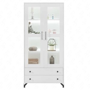 Witryna Skien 90 cm biała połysk elegancka stylistyka prosta forma mebla wzbogacona o stylowe metalowe elementy czarne nogi elementy z bezpiecznego szkła