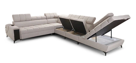 Narożnik z funkcją spania Bolmso XII szary prawostronny nowoczesny design narożnik zapewnia komfort obszerne pojemniki na pościel