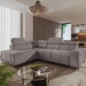 Narożnik z funkcją spania Castel VII szary brąz lewostronny stylowy narożnik z pojemnikiem na pościel i regulowanymi zagłówkami