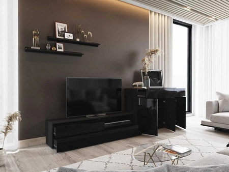 Meblościanka Aliartos czarna / czarny połysk nowoczesny design system otwierania drzwi i szuflad push to open zestaw mebli z komodą