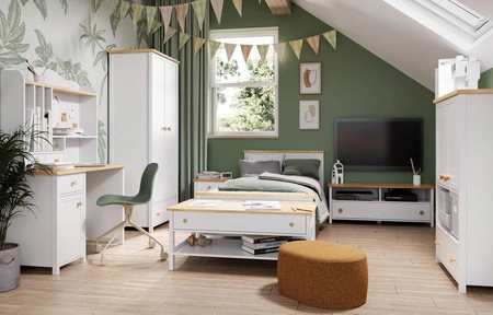 Szafka RTV Story 120 cm biały / dąb nash stylowa szafka pod telewizor idealna do pokoju młodzieżowego o subtelnym wykończeniu