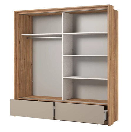 Szafa przesuwna Impressio 209 cm dąb mauvella / ciemny beżowy pojemna szafa z lustrem oraz szufladami świetnie sprawdzi się w sypialni czy garderobie