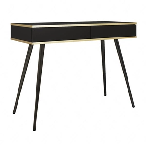 Konsola Luxury czarna z szufladami stylowa i elegancka toaletka wsparta na wysokich metalowych nogach korpus zwieńczony złotą listwą