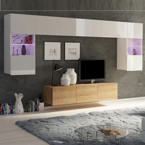 Meblościanka Apulia II biały połysk / dąb złoty wyjątkowo stylowa meblościanka proste bryły wpisujące się w każde wnętrze