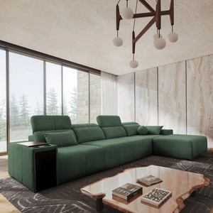 Narożnik z funkcją spania Tesalia XII miętowy prawostronny nowoczesny design komfortowe przesuwane oparcie szuflada w boczku mebla