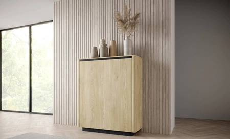 Komoda wysoka Torro 113 cm dąb cremona / czarny elegancki design zaokrąglone krawędzie bezuchwytowe fronty z systemem push to open