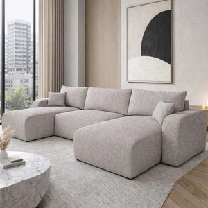 Narożnik z funkcją spania Fiesta U beżowy stylowy narożnik o ciekawym kształcie wytrzymała pleciona tkanina pojemnik na pościel