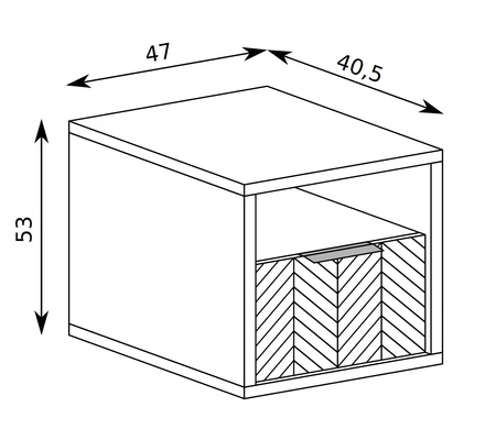 Szafka nocna Fonti dąb karmel elegancka szafka z szufladą czarne uchwyty krawędziowe geometryczne kształty misterne zdobienie w postaci jodełki