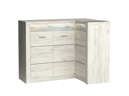 Komoda narożna Indiana 131x90 cm kraft biały elegancka stylistyka komody ozdobna deska na froncie komody oświetlona LED