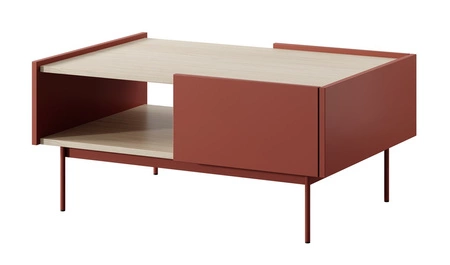 Stolik kawowy Vellore ceglasty z szufladami oryginalny design obniżony blat w dębowym dekorze stanowi oryginalne wykończenie