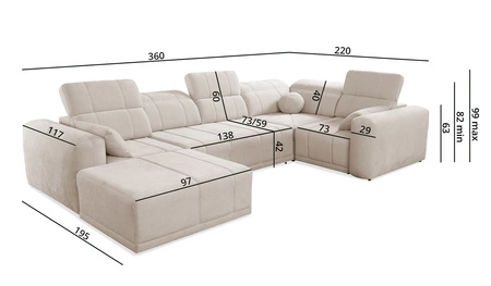 Narożnik z funkcją spania Cetara IV szary lewostronny stylowy design narożnika z przesuwanymi oparciami dwa pojemniki na pościel
