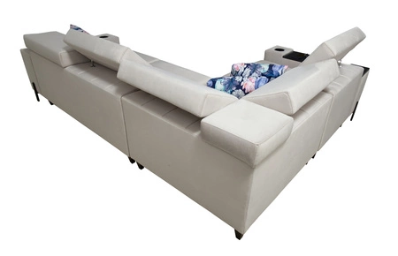 Narożnik z funkcją spania Belvi II ciemny beżowy lewostronny elegancki i ergonomiczny narożnik do salonu praktyczny schowek w boczku