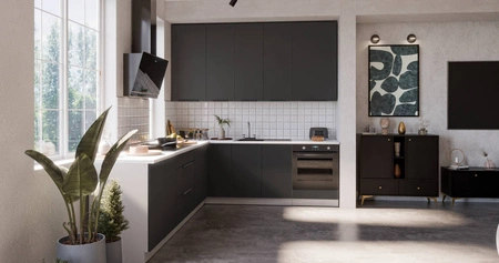 Zestaw mebli kuchennych narożny Alatri Wh 290x230 cm stylowe szafki kuchenne z frontami wykonanymi w technologii anti fingerprint