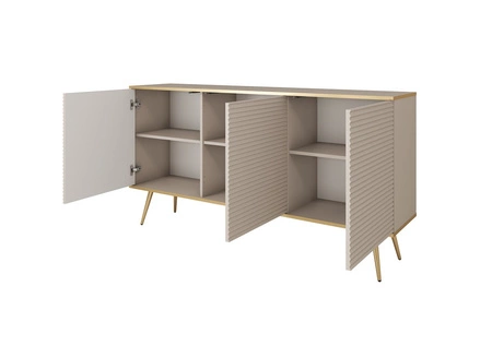 Komoda Luxury 160 cm beżowa elegancki design stylowe ryflowane fronty korpus komody zwieńczony złotą listwą złote metalowe nogi