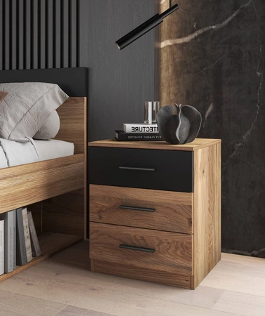 Szafka nocna Beta dąb mauvella / czarny z szufladami to funkcjonalny mebel w ponadczasowym designie idealna szafka nocna do sypialni
