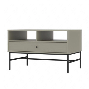 Stolik kawowy Kioto III eukaliptus z szufladą elegancka konstrukcja wzmocniona metalowym stelażem w czarnym kolorze subtelny uchwyt