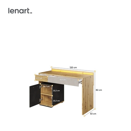 Zestaw mebli Qubic dąb artisan / raw steel / silk flou modny zestaw mebli o oryginalnym designie bryły z subtelnym oświetleniem LED