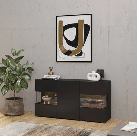 Komoda Ava 120 cm czarna / dąb wotan z możliwością powieszenia idealna komoda do każdego wnętrza designerska komoda z przeszkleniem