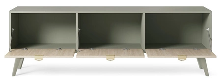 Szafka RTV Wald 158 cm eukaliptus / beż jodełka skandynawski design gustowny dekor jodełki na frontach eleganckie złote uchwyty