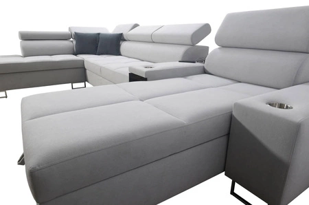 Narożnik z funkcją spania Dafni V błękitno biały prawostronny velvet wygodny i komfortowy narożnik z regulowanymi zagłówkami