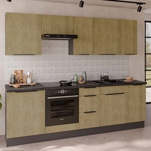 Zestaw mebli kuchennych Corsico 260 cm eleganckie szafki kuchenne o modnej i naturalnej kolorystyce metalowe uchwyty krawędziowe