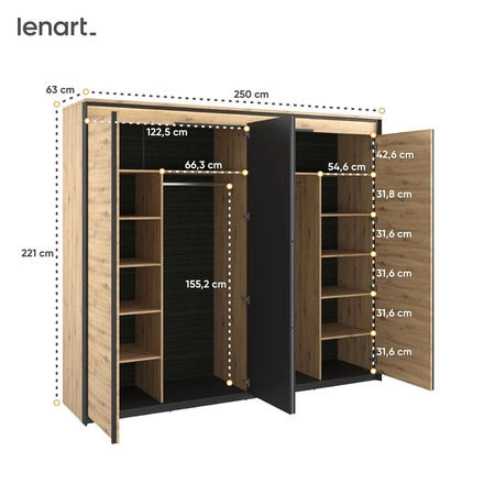 Szafa z lustrem Quant 250 cm dąb artisan / czarny nowoczesna forma subtelne podświetlenie LED idealna szafa do sypialni