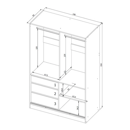 Szafa przesuwna z lustrem Haidar 140 cm dąb lefkas / czarny funkcjonalna szafa z szufladami doskonała do mniejszych pomieszczeń