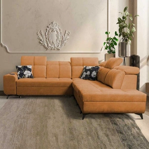 Narożnik z funkcją spania Buffalo IX miodowy prawostronny stylowy narożnik do pokoju wykonany z welurowej tkaniny ozdobne poduszki