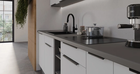 Zestaw mebli kuchennych Corato Ant 300 cm stylowe szafki kuchenne z frontami wykonanymi w technologii anti fingerprint metalowe uchwyty