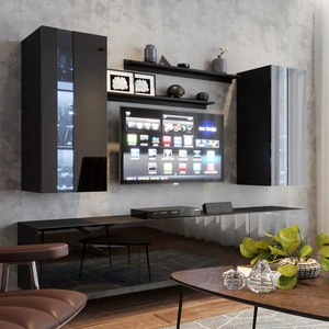 Meblościanka Tasos czarna / czarny połysk minimalistyczny design meblościanka do salonu lub pokoju dziennego system push to open