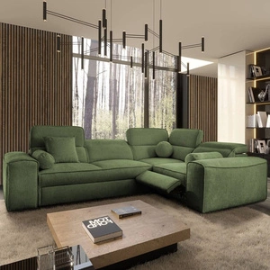 Narożnik z funkcją spania Viano II Lux zielony prawostronny designerski narożnik do salonu z komfortowym wysuwanym podnóżkiem