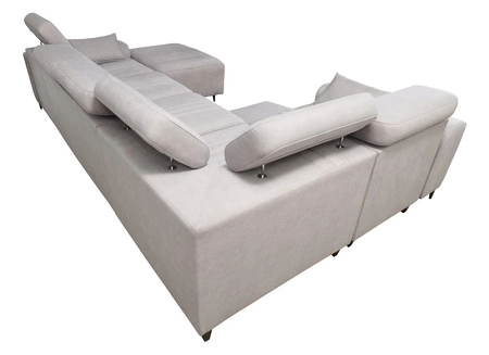 Narożnik z funkcją spania Castel IV błękitny prawostronny stylowy narożnik z pojemnikami na pościel i regulowanymi zagłówkami