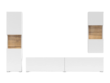 Meblościanka Ava biała / dąb wotan z możliwością powieszenia wyjątkowo stylowa meblościanka elementy z szkła hartowanego