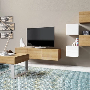 Zestaw mebli Apulia XXI biały / dąb złoty wyjątkowo stylowa meblościanka do salonu proste bryły wpisujące się w każde wnętrze