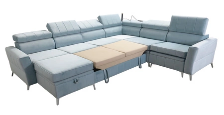 Narożnik z funkcją spania Rava VII brązowy lewostronny praktyczny i nowoczesny narożnik do salonu z regulowanymi zagłówkami